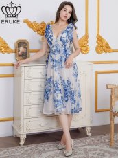 画像5: [ XS-Lサイズ / 1カラー][ERUKEI]花柄・プリント・シフォン・Vネック・ノースリーブ・肩リボン・タック・フレア・Aライン・ミディアムドレス・ワンピース[送料無料] (5)