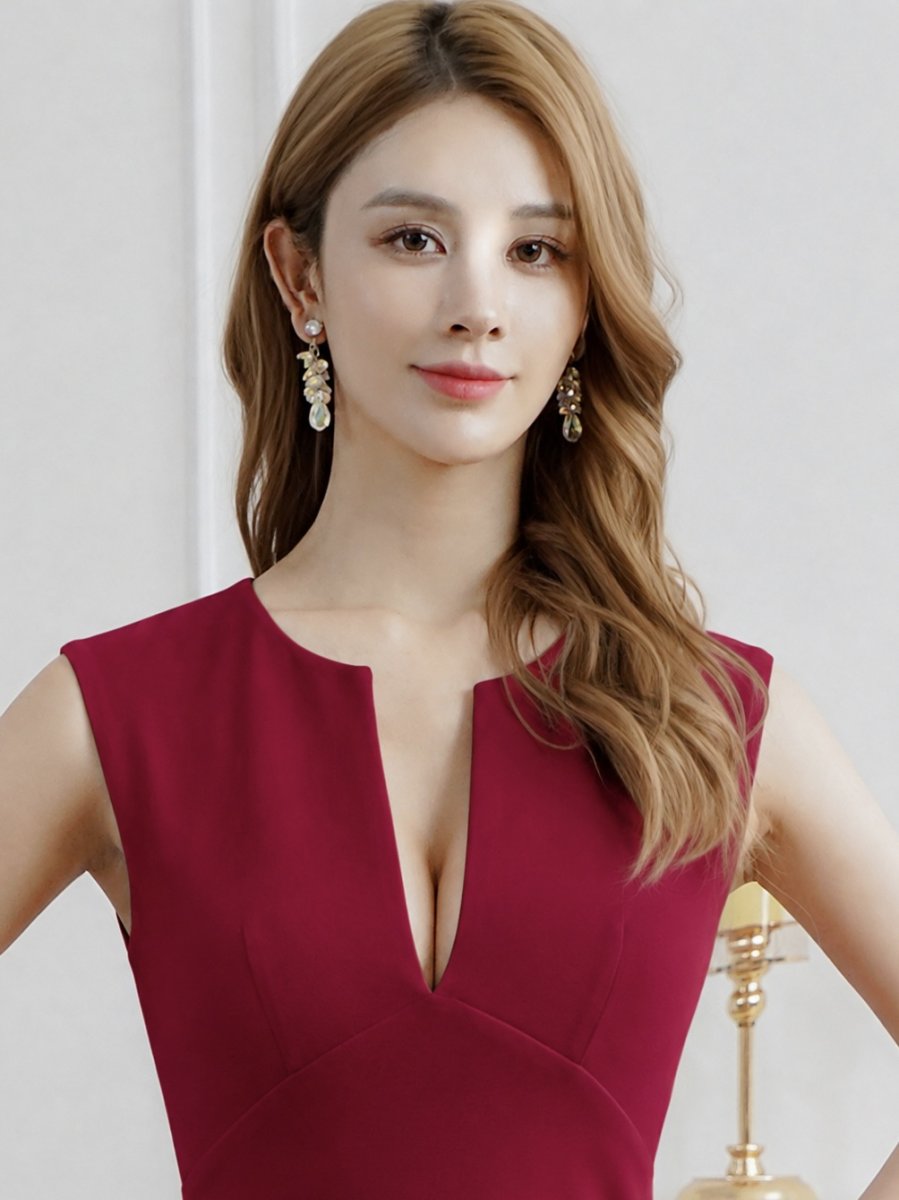 画像18: [ XS-Lサイズ / 5カラー][ERUKEI]シンプル・胸元スリットカット・ノースリーブ・ストレッチ・タイト・マーメイド・ロングドレス[送料無料] (18)