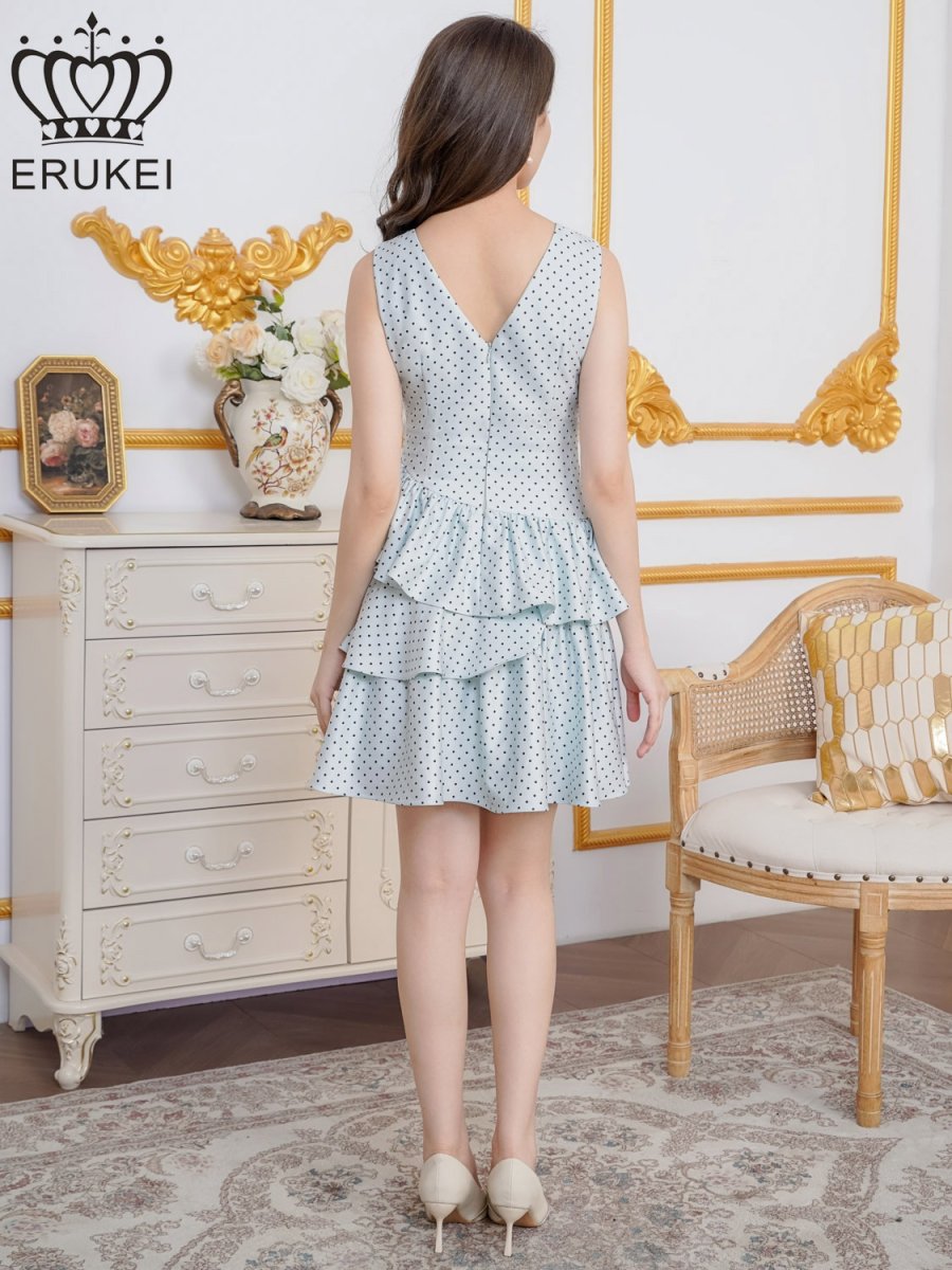 画像9: [ERUKEI]ドット・プリント・Vネック・アシンメトリー・変形・ティアード・フレア・Aライン・ミニドレス・ワンピース[送料無料] (9)