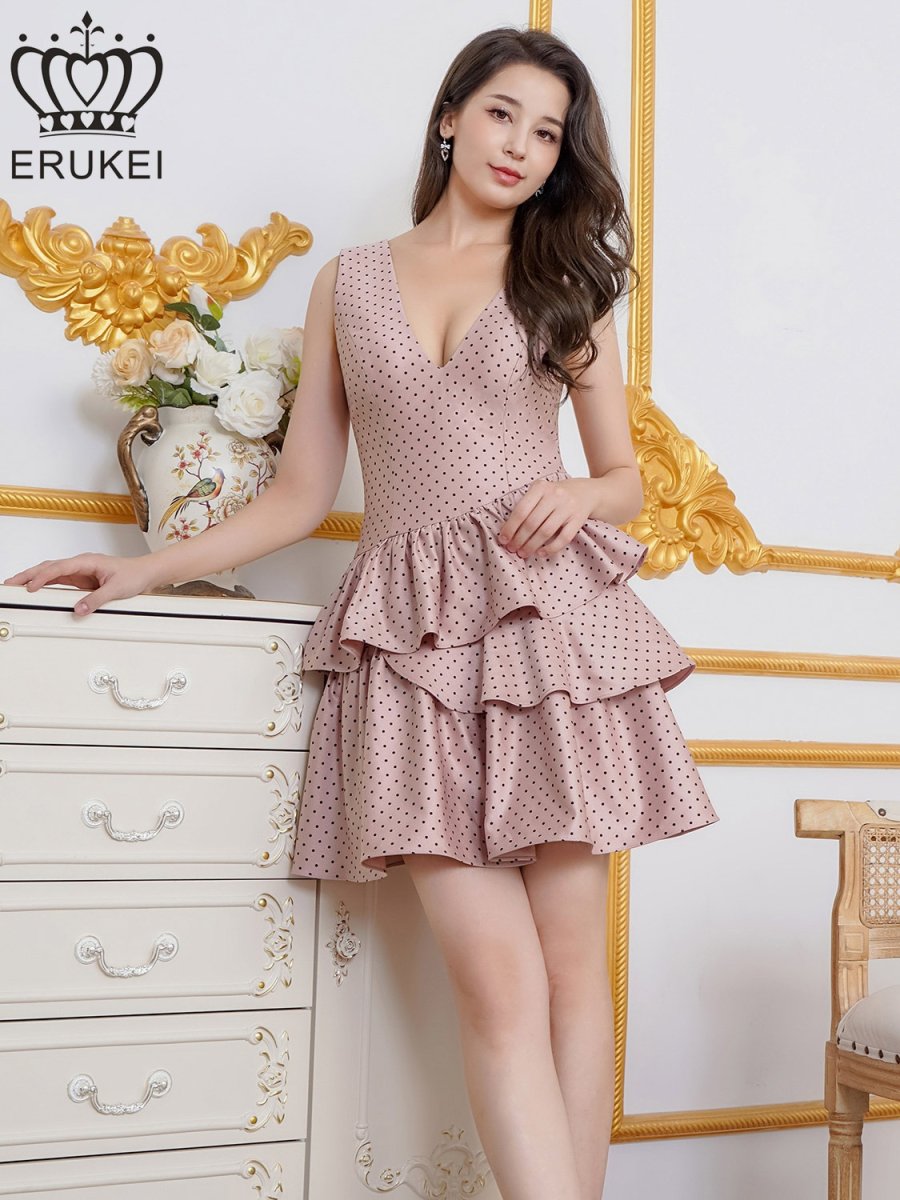 画像1: [ERUKEI]ドット・プリント・Vネック・アシンメトリー・変形・ティアード・フレア・Aライン・ミニドレス・ワンピース[送料無料] (1)