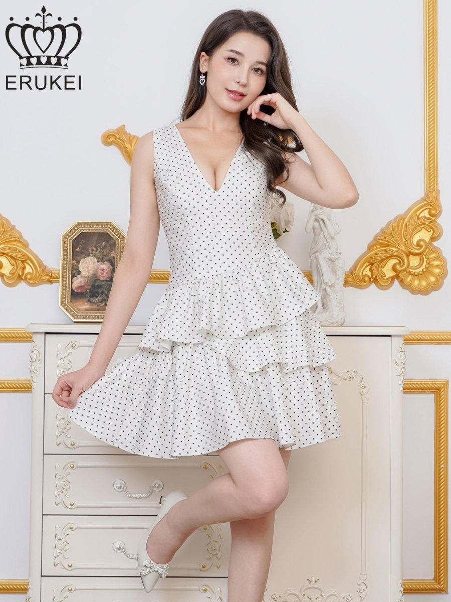 画像5: [ERUKEI]ドット・プリント・Vネック・アシンメトリー・変形・ティアード・フレア・Aライン・ミニドレス・ワンピース[送料無料] (5)