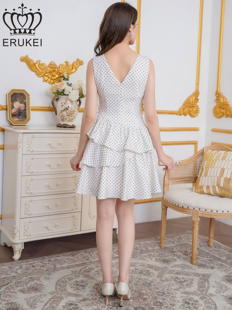画像8: [ERUKEI]ドット・プリント・Vネック・アシンメトリー・変形・ティアード・フレア・Aライン・ミニドレス・ワンピース[送料無料] (8)