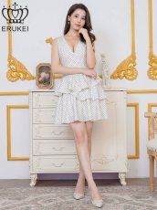 画像14: [ERUKEI]ドット・プリント・Vネック・アシンメトリー・変形・ティアード・フレア・Aライン・ミニドレス・ワンピース[送料無料] (14)