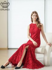 画像1: [ XS-Lサイズ / 2カラー][ERUKEI]総レース・ネックビジュー・ラインストーン・ノースリーブ・スリット・マーメイド・ロングドレス[送料無料] (1)