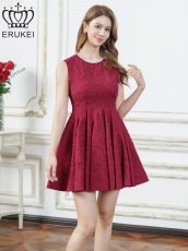 画像2: [ XS-Lサイズ /3カラー][ERUKEI]シャイニーサテン・シワ加工・ネックビジュー・シンプル・ノースリーブ・フレア・Aライン・ミニドレス・ワンピース[送料無料] (2)