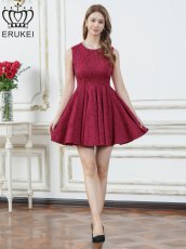 画像5: [ XS-Lサイズ /3カラー][ERUKEI]シャイニーサテン・シワ加工・ネックビジュー・シンプル・ノースリーブ・フレア・Aライン・ミニドレス・ワンピース[送料無料] (5)