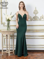 画像2: [ERUKEI]ワンカラー・キャミソール・Vカット・シアー・スリット・タイト・マーメイド・ロングドレス[送料無料] (2)