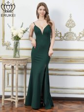 画像14: [ERUKEI]ワンカラー・キャミソール・Vカット・シアー・スリット・タイト・マーメイド・ロングドレス[送料無料] (14)