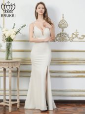 画像18: [ERUKEI]ワンカラー・キャミソール・Vカット・シアー・スリット・タイト・マーメイド・ロングドレス[送料無料] (18)
