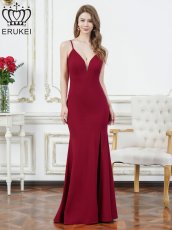 画像1: [ERUKEI]ワンカラー・キャミソール・Vカット・シアー・スリット・タイト・マーメイド・ロングドレス[送料無料] (1)