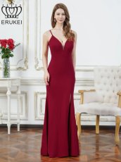 画像4: [ERUKEI]ワンカラー・キャミソール・Vカット・シアー・スリット・タイト・マーメイド・ロングドレス[送料無料] (4)