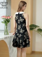 画像3: [ XS-Lサイズ / 1カラー][ERUKEI]バタフライ柄・プリント・ローカラー・襟付き・アメリカンスリーブ・ティアード・Aライン・ミニドレス・ワンピース[送料無料] (3)
