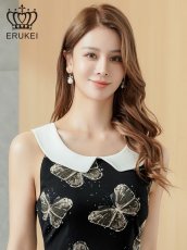 画像4: [ XS-Lサイズ / 1カラー][ERUKEI]バタフライ柄・プリント・ローカラー・襟付き・アメリカンスリーブ・ティアード・Aライン・ミニドレス・ワンピース[送料無料] (4)