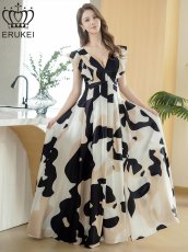 画像1: [ XS-Lサイズ / 1カラー][ERUKEI]抽象柄・プリント・サテン・フリルスリーブ・Vネック・タック・ベルト風・スリット・Aライン・ロングドレス[送料無料] (1)