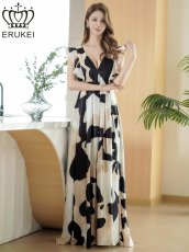 画像2: [ XS-Lサイズ / 1カラー][ERUKEI]抽象柄・プリント・サテン・フリルスリーブ・Vネック・タック・ベルト風・スリット・Aライン・ロングドレス[送料無料] (2)