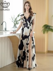画像5: [ XS-Lサイズ / 1カラー][ERUKEI]抽象柄・プリント・サテン・フリルスリーブ・Vネック・タック・ベルト風・スリット・Aライン・ロングドレス[送料無料] (5)