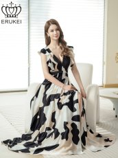 画像6: [ XS-Lサイズ / 1カラー][ERUKEI]抽象柄・プリント・サテン・フリルスリーブ・Vネック・タック・ベルト風・スリット・Aライン・ロングドレス[送料無料] (6)