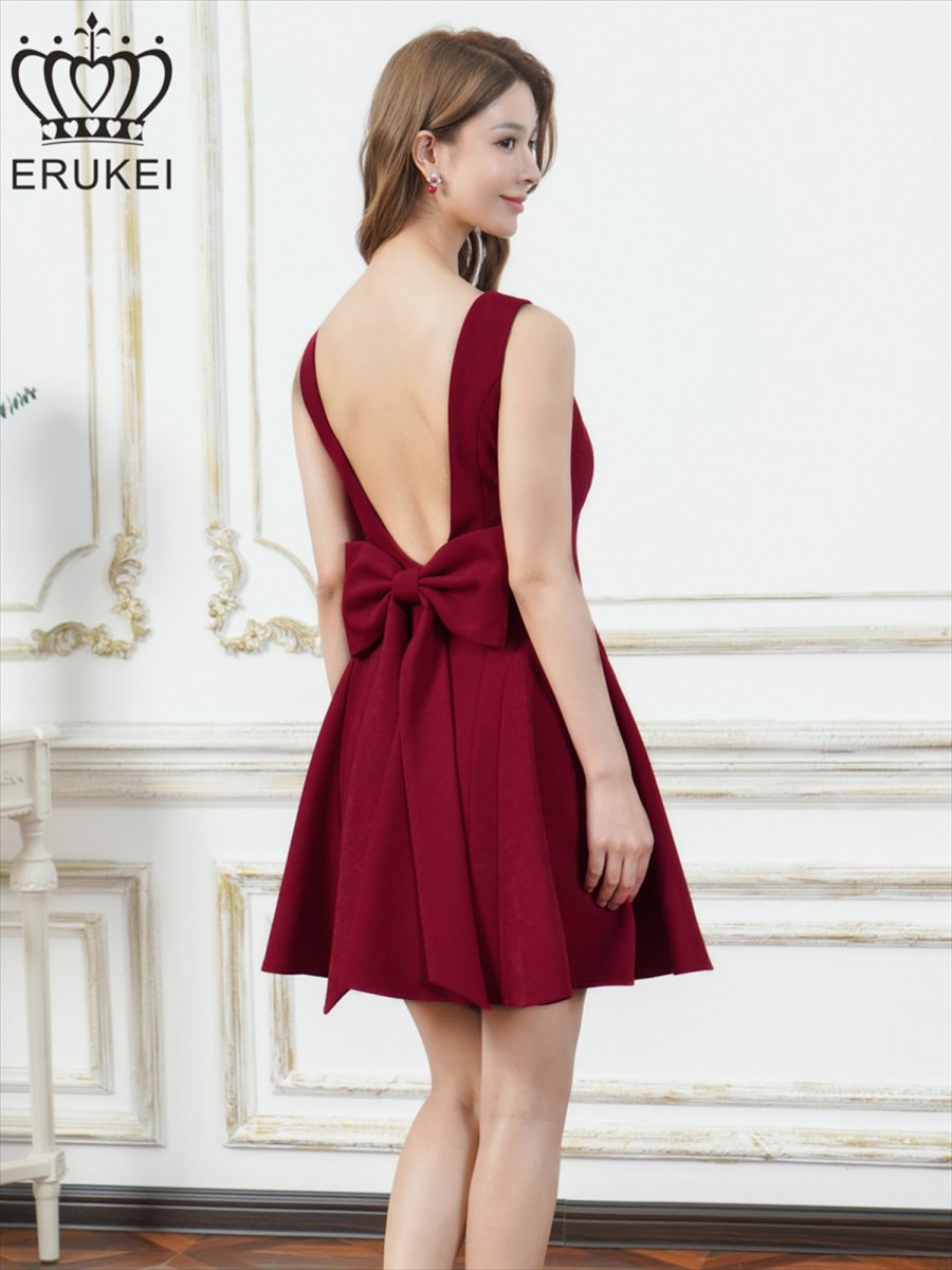 画像1: [ XS-Lサイズ /3カラー][ERUKEI]レッド・グリーン・グレー・リボン・背中見せ・Aライン・フレア・ミニドレス・ワンピース[送料無料] (1)