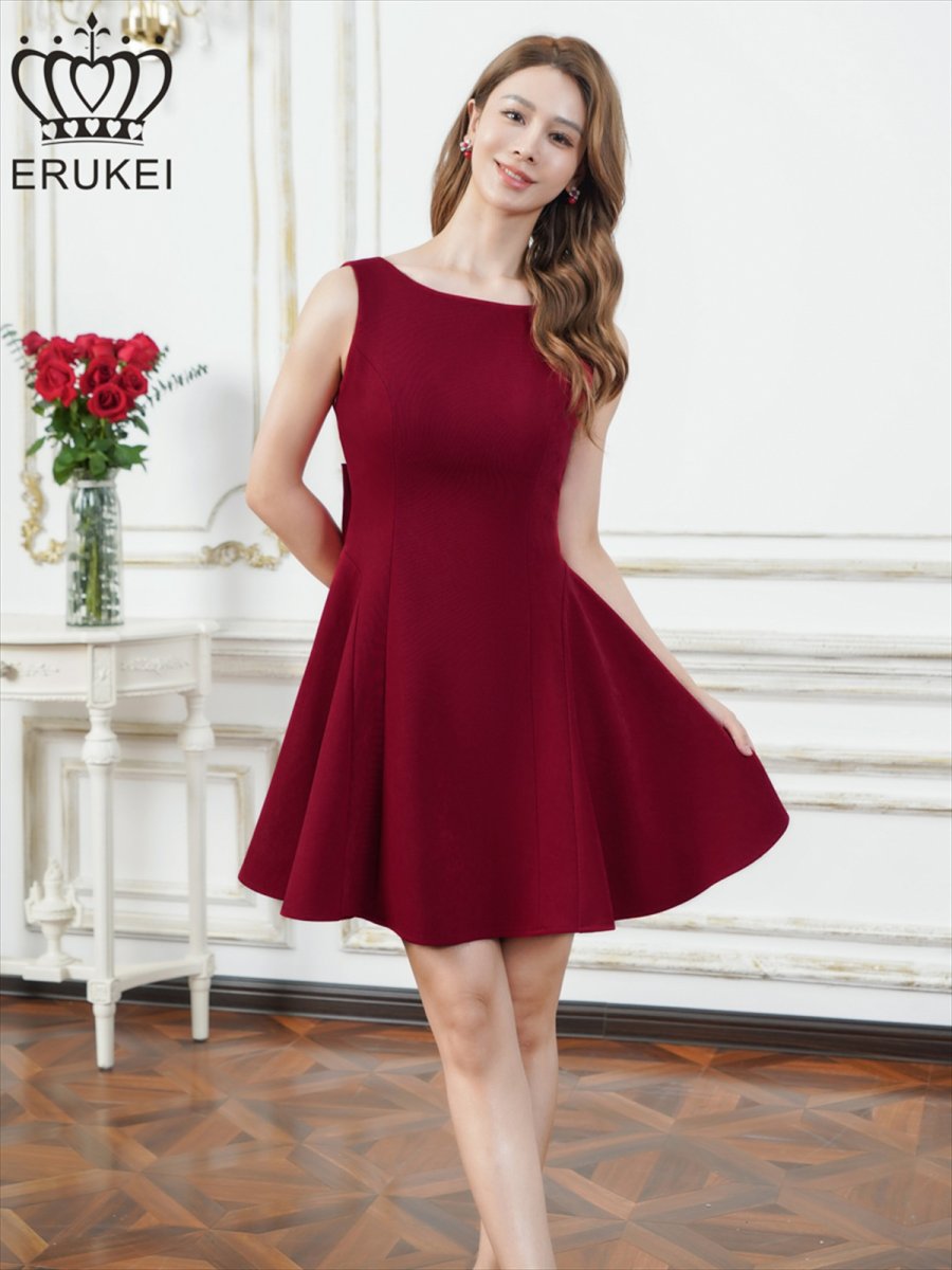 画像5: [ XS-Lサイズ /3カラー][ERUKEI]レッド・グリーン・グレー・リボン・背中見せ・Aライン・フレア・ミニドレス・ワンピース[送料無料] (5)