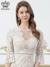 画像4: [ XS-Lサイズ / 1カラー][ERUKEI]総レース・シアー・七分袖・ベルスリーブ・タイト・ミディアムドレス・ワンピース[送料無料] (4)