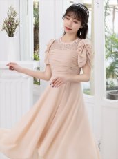 画像6: [ERUKEI]ブラック・ベージュ・シフォンスリーブ・シャーリング・ストーン・パール・Aライン・ミディアムドレス・ワンピース[送料無料] (6)