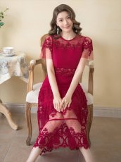 画像11: [ERUKEI]ワインレッド・ホワイト・刺繍・Aライン・ひざ下・ミディアムドレス・ワンピース[送料無料] (11)
