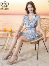 画像5: [ XS-Lサイズ / 1カラー][ERUKEI]プリント・花柄・Vネック・ノースリーブ・ティアード・フリル・切替・Aライン・ミニドレス・ワンピース[送料無料] (5)