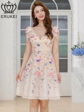 画像2: [ XS-Lサイズ / 1カラー][ERUKEI]花柄・プリント・肩リボン・ノースリーブ・Vネック・ハイウエスト・Aライン・ミディアムドレス・ワンピース[送料無料] (2)