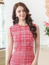 画像4: [ERUKEI]レッド・タイト・ノースリーブ・ツイード・フリンジ・ミディアムドレス・ワンピース[送料無料] (4)