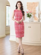 画像5: [ERUKEI]レッド・タイト・ノースリーブ・ツイード・フリンジ・ミディアムドレス・ワンピース[送料無料] (5)