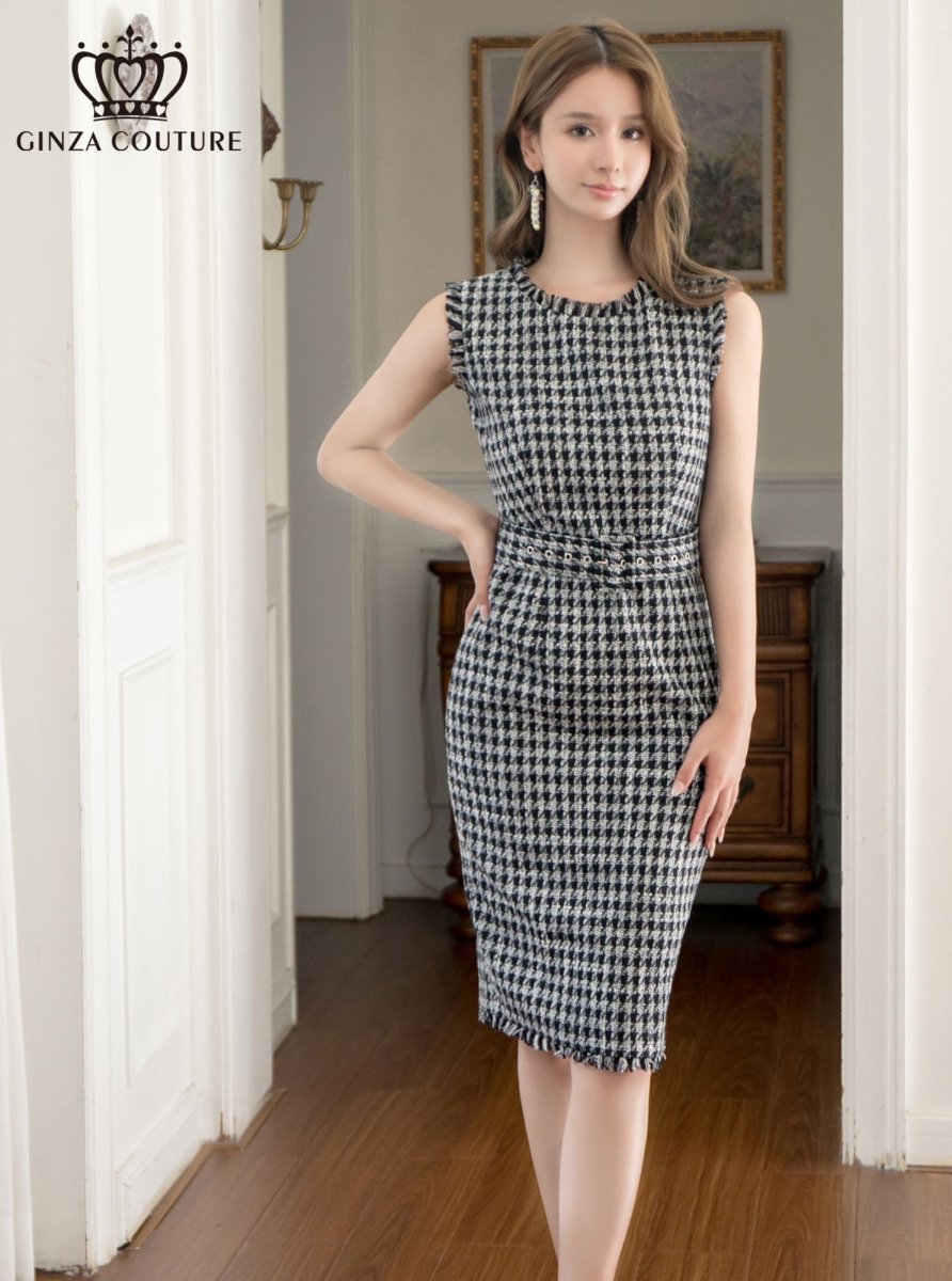 画像1: [ XS-Lサイズ / 1カラー][ERUKEI]ブラック×ホワイト・ツイード・タイト・ベルト付き・ミディアムドレス・ワンピース[送料無料] (1)