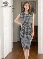 画像1: [ XS-Lサイズ / 1カラー][ERUKEI]ブラック×ホワイト・ツイード・タイト・ベルト付き・ミディアムドレス・ワンピース[送料無料] (1)