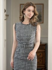 画像4: [ XS-Lサイズ / 1カラー][ERUKEI]ブラック×ホワイト・ツイード・タイト・ベルト付き・ミディアムドレス・ワンピース[送料無料] (4)