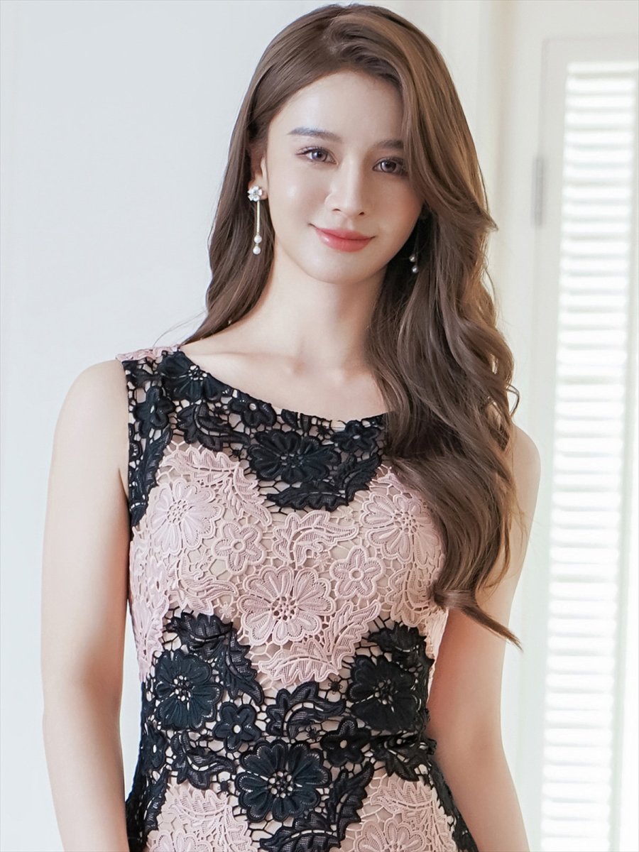 画像4: [ERUKEI]ブラック×ピンク・バイカラー・総レース・タイト・ミディアムドレス・ワンピース[送料無料] (4)