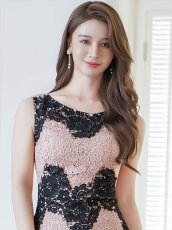 画像4: [ERUKEI]ブラック×ピンク・バイカラー・総レース・タイト・ミディアムドレス・ワンピース[送料無料] (4)