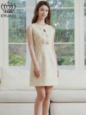 画像2: [ERUKEI]パールリボン・シアーレース・ビーズ・スパンコール・ノースリーブ・Aライン・ミニドレス・ワンピース[送料無料] (2)