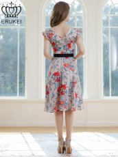 画像5: [ERUKEI]イエロー・レッド・花柄・プリント・サテン・フリルスリーブ・Aライン・リボンベルト・ミニドレス・ワンピース[送料無料] (5)