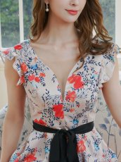 画像7: [ERUKEI]イエロー・レッド・花柄・プリント・サテン・フリルスリーブ・Aライン・リボンベルト・ミニドレス・ワンピース[送料無料] (7)