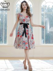 画像9: [ERUKEI]イエロー・レッド・花柄・プリント・サテン・フリルスリーブ・Aライン・リボンベルト・ミニドレス・ワンピース[送料無料] (9)