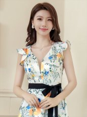 画像8: [ERUKEI]イエロー・レッド・花柄・プリント・サテン・フリルスリーブ・Aライン・リボンベルト・ミニドレス・ワンピース[送料無料] (8)