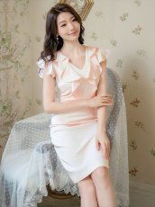 画像7: [ERUKEI]ワインレッド・ネイビー・ベージュ・ピンク・グリーン・ブルー・Vネック・フリル袖・タイト・ミディアムドレス・ワンピース[送料無料] (7)