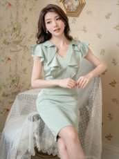 画像8: [ERUKEI]ワインレッド・ネイビー・ベージュ・ピンク・グリーン・ブルー・Vネック・フリル袖・タイト・ミディアムドレス・ワンピース[送料無料] (8)