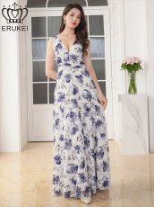 画像1: [ XS-Lサイズ / 1カラー][ERUKEI]プリント・花柄・Vネック・ハイウエスト・Aライン・ロングドレス[送料無料] (1)