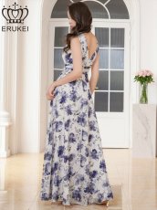 画像3: [ XS-Lサイズ / 1カラー][ERUKEI]プリント・花柄・Vネック・ハイウエスト・Aライン・ロングドレス[送料無料] (3)