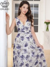 画像4: [ XS-Lサイズ / 1カラー][ERUKEI]プリント・花柄・Vネック・ハイウエスト・Aライン・ロングドレス[送料無料] (4)
