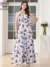画像5: [ XS-Lサイズ / 1カラー][ERUKEI]プリント・花柄・Vネック・ハイウエスト・Aライン・ロングドレス[送料無料] (5)