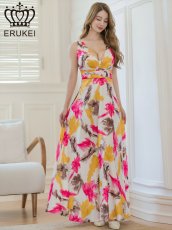 画像1: [ERUKEI]ホワイト×ピンク・フラワープリント・ペイント柄・ノースリーブ・Vネック・Aライン・ロングドレス[送料無料] (1)