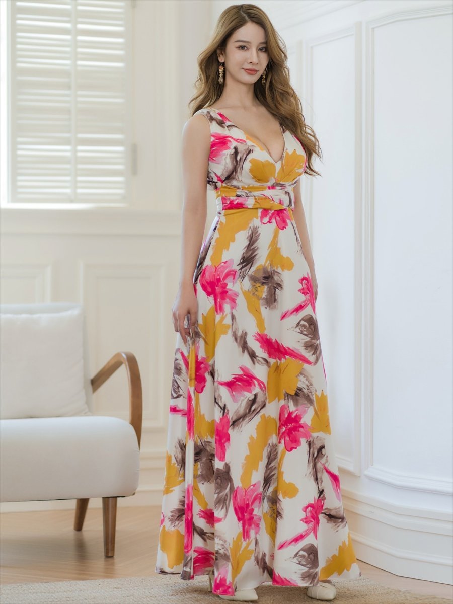 画像2: [ERUKEI]ホワイト×ピンク・フラワープリント・ペイント柄・ノースリーブ・Vネック・Aライン・ロングドレス[送料無料] (2)