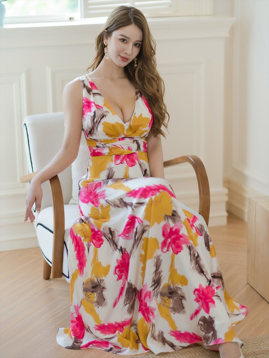 画像6: [ERUKEI]ホワイト×ピンク・フラワープリント・ペイント柄・ノースリーブ・Vネック・Aライン・ロングドレス[送料無料] (6)