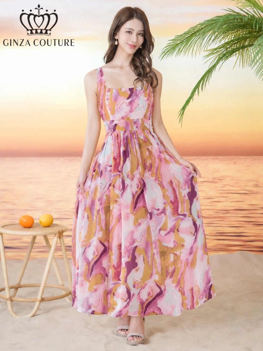 画像1: [ XS-Lサイズ / 1カラー][ERUKEI/GINZA COUTURE]ペイント柄・スクエアネック・ノースリーブ・Aライン・フレア・マキシ丈・ミディアムドレス・ワンピース[送料無料] (1)